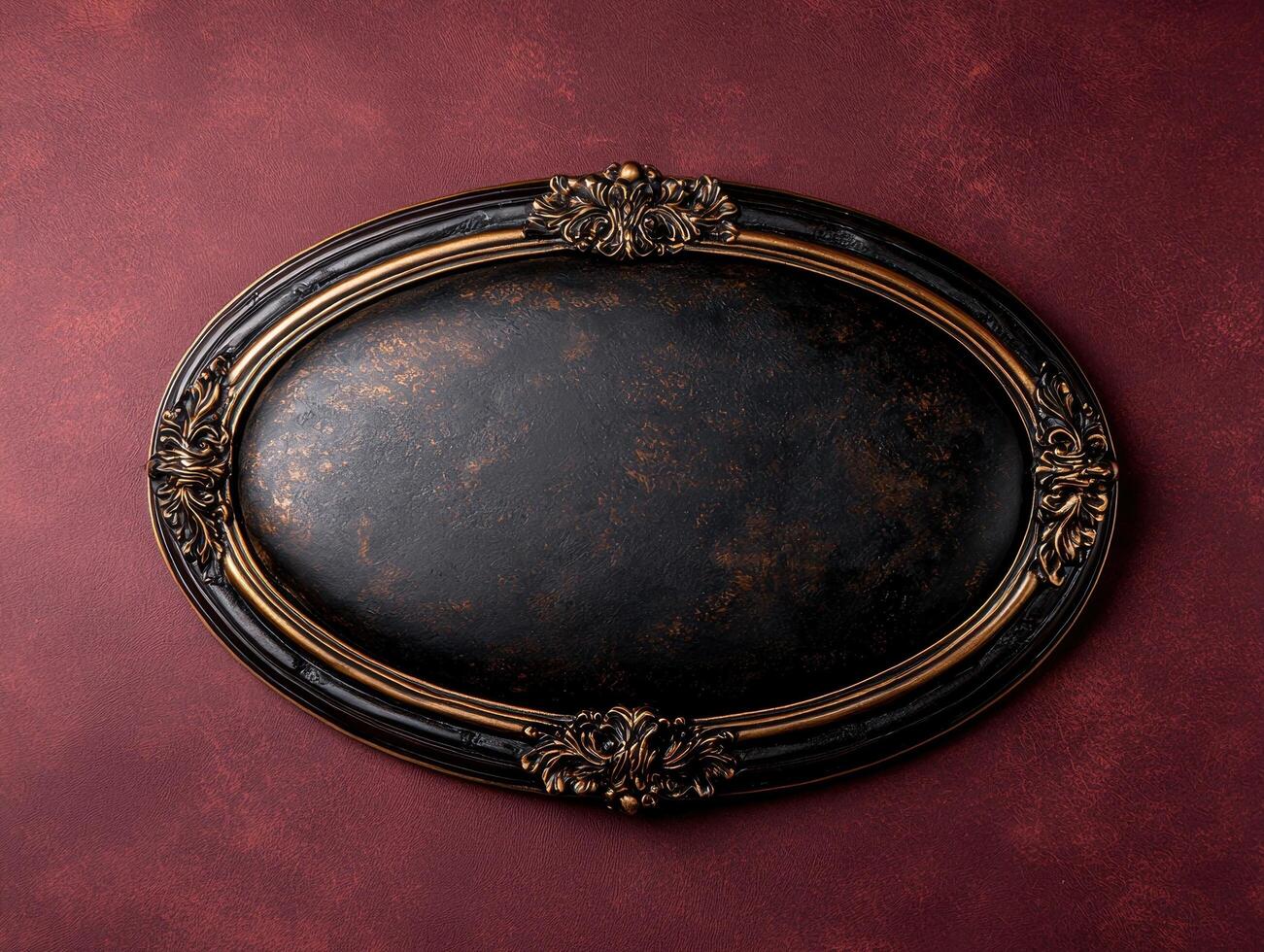 Oval frame with ornate details on a dark red background photo