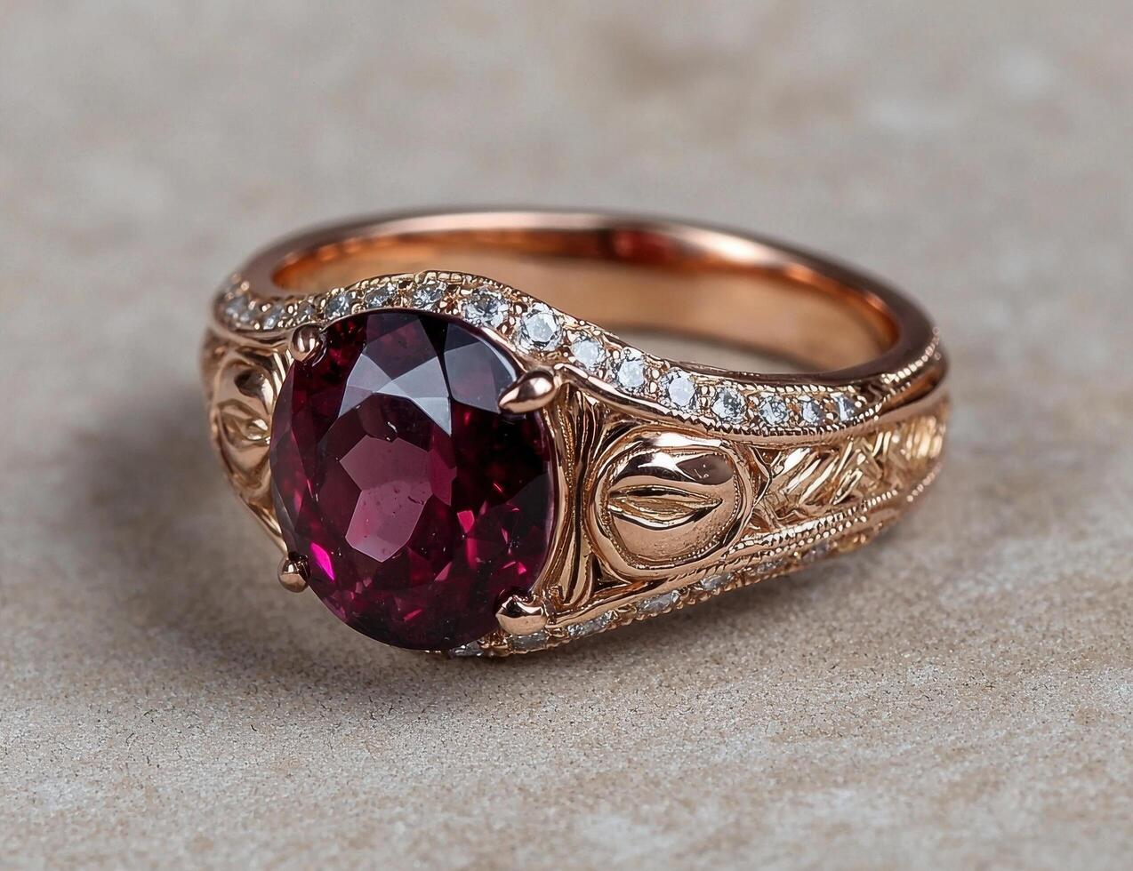 Close up of a rose gold ring with a deep red gemstone and small diamonds photo