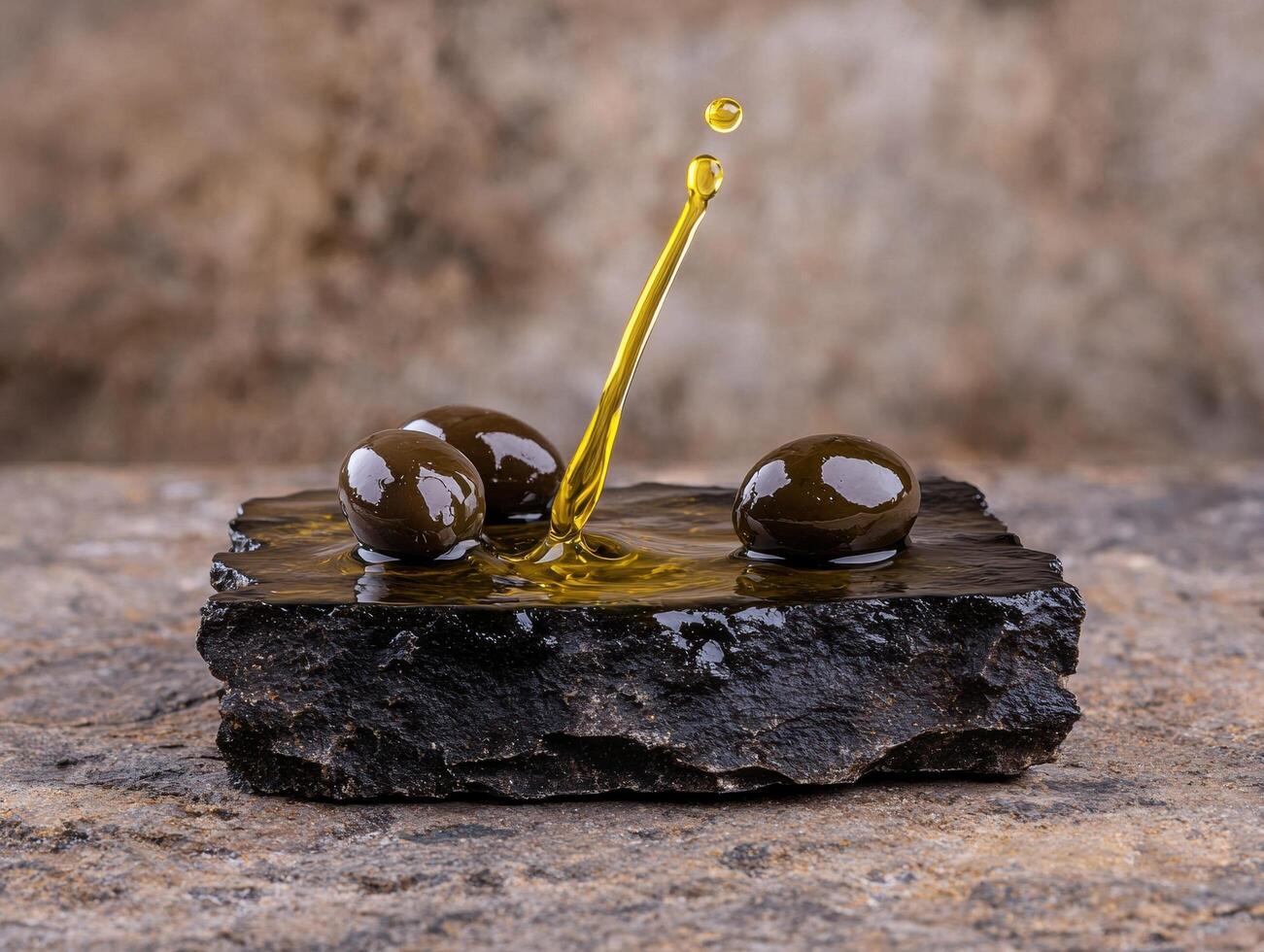 Three olives and olive oil on dark stone photo