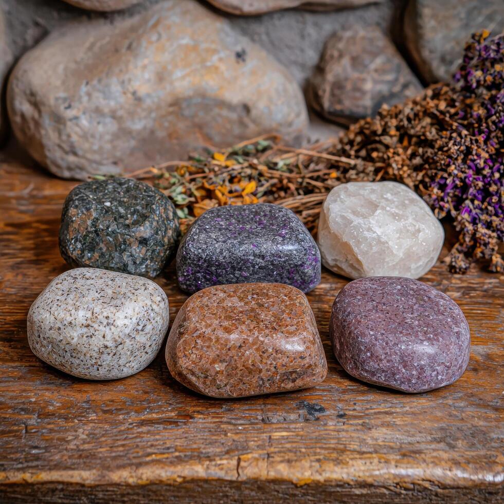 Collection of tumbled stones on wooden surface photo