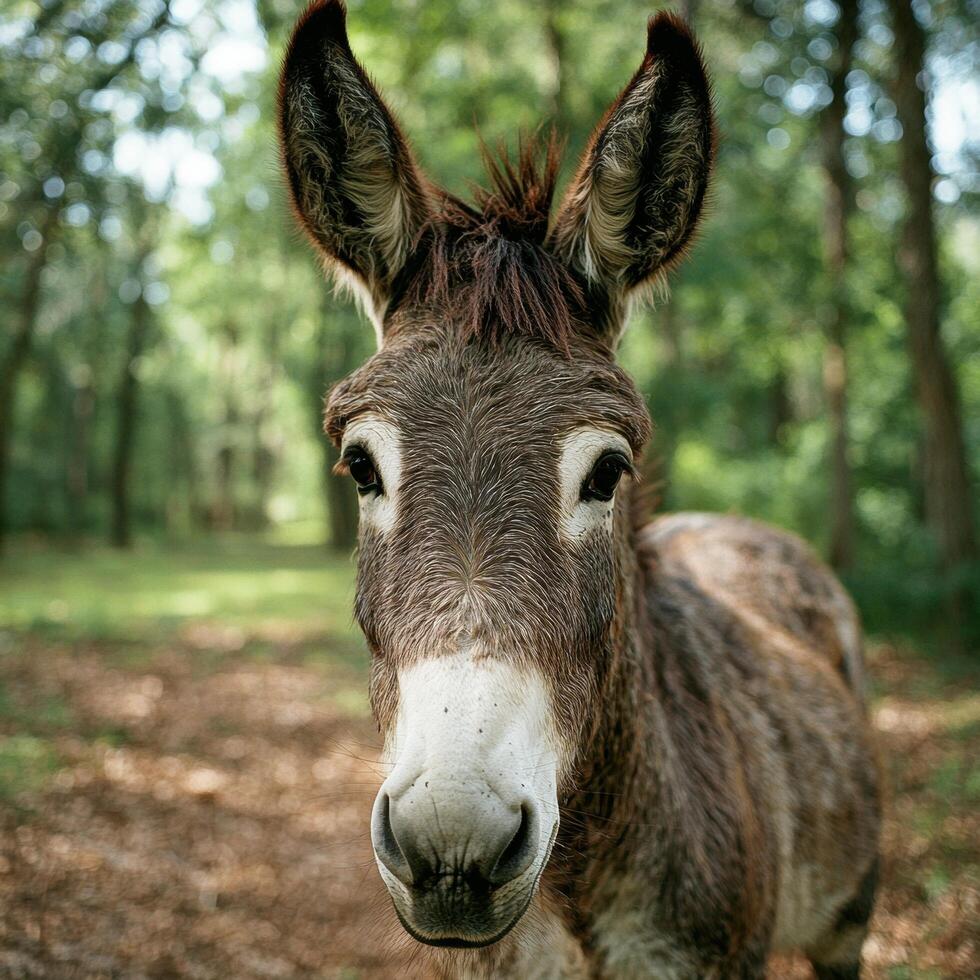Close up portrait of a curious donkey in a forest photo