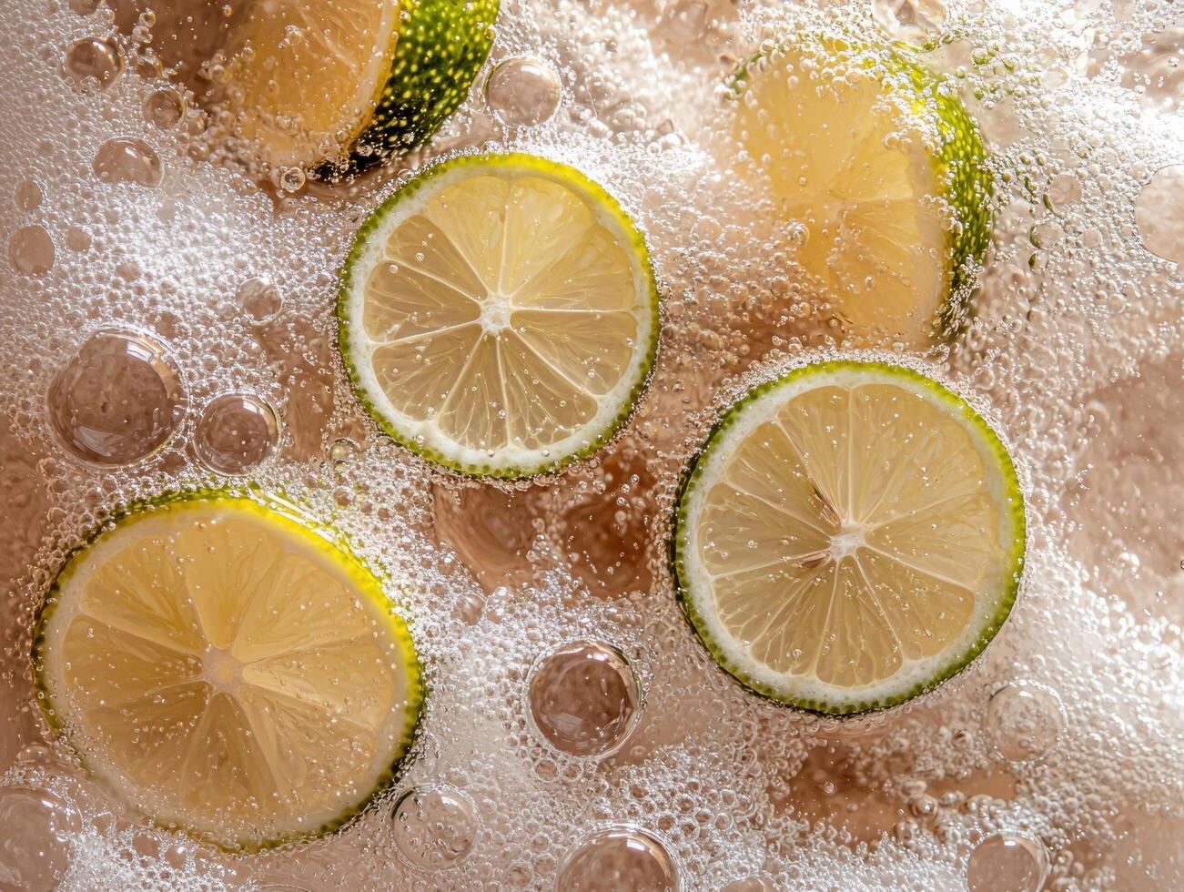 Close up of lime slices in sparkling water photo