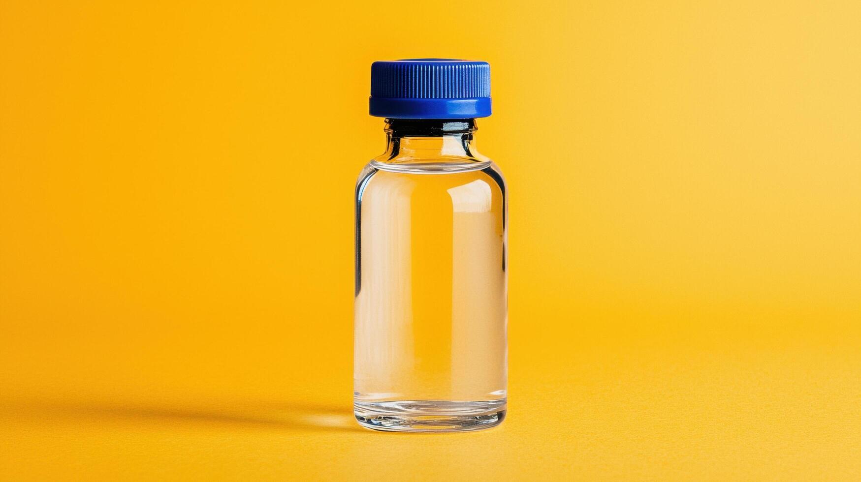 Clear glass bottle with a blue cap on a yellow background photo