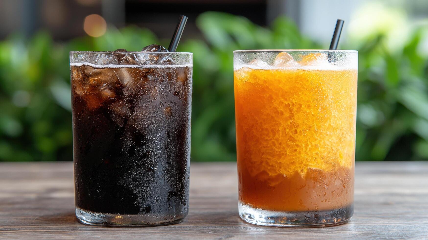 Two refreshing iced drinks on a wooden table photo