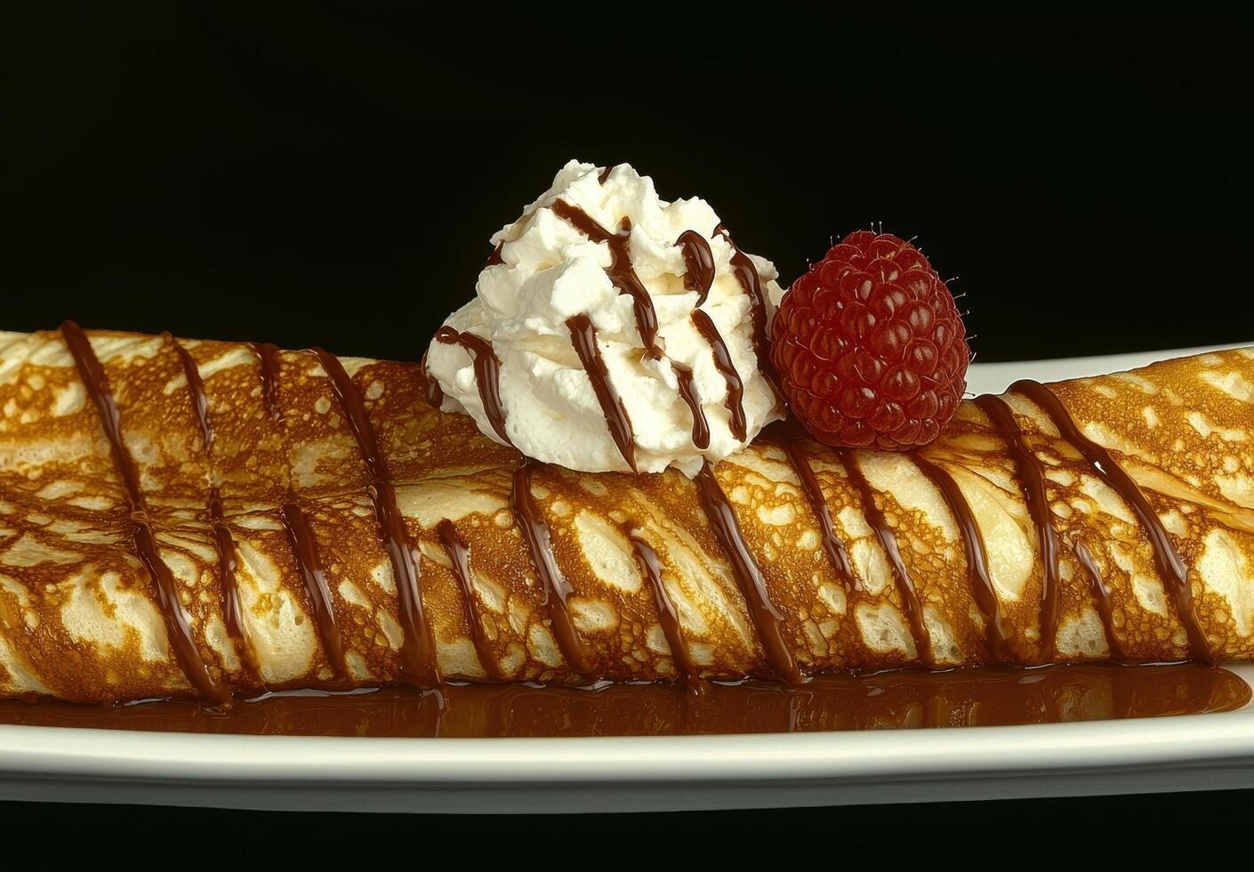 Delicious crepe with chocolate sauce, whipped cream, and raspberry photo