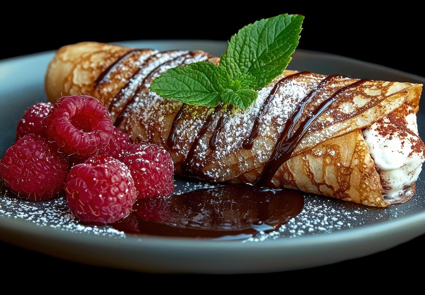 Delicious crepe with chocolate sauce and fresh raspberries photo