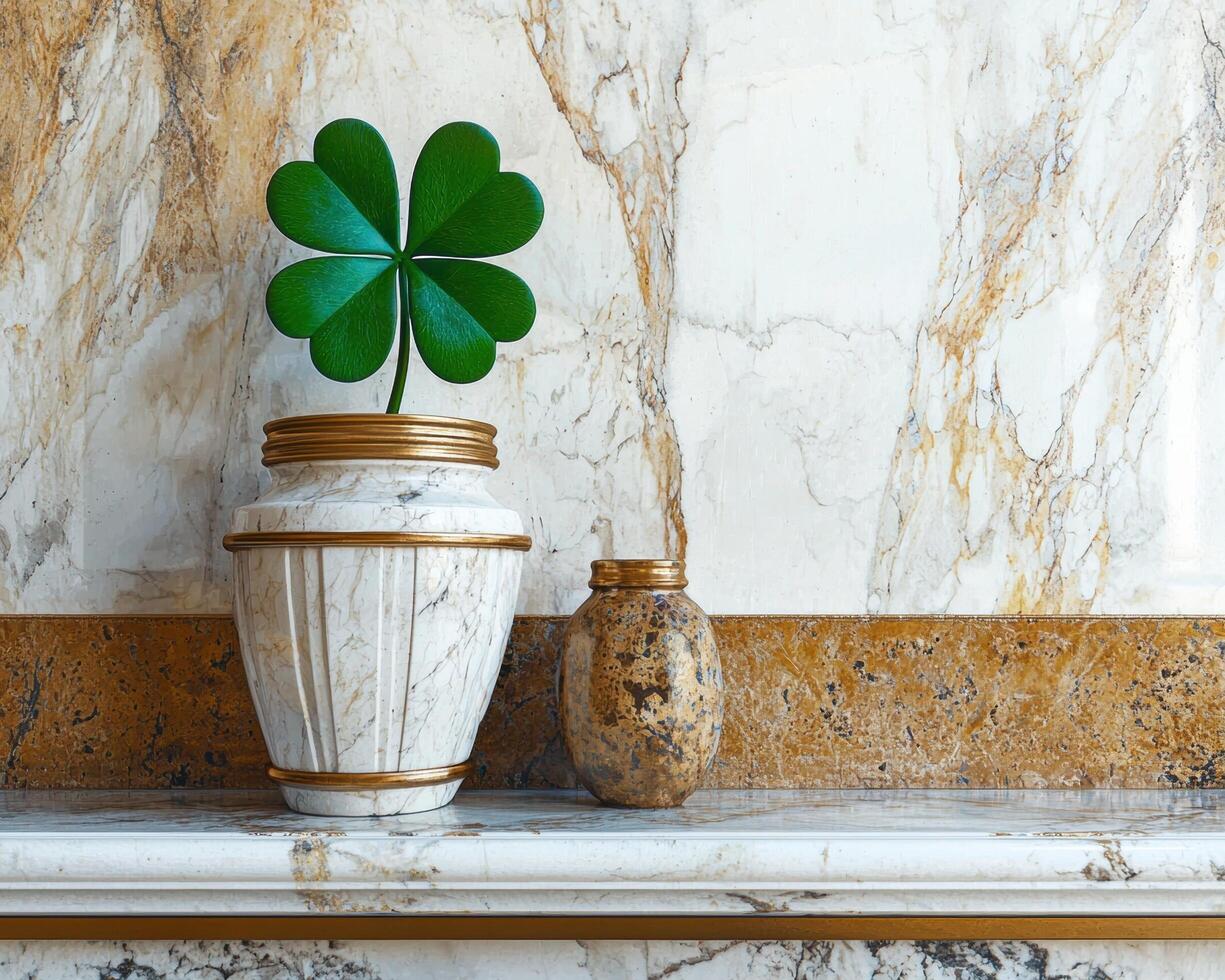 Four leaf clover in elegant vase on marble surface photo