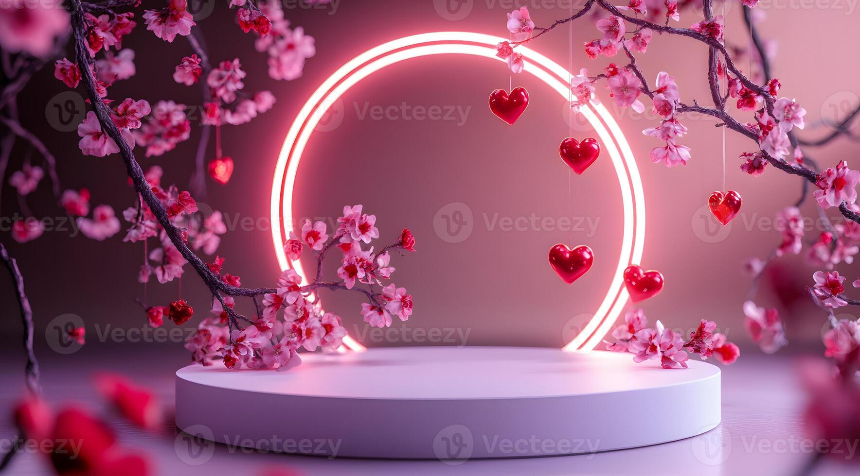 Pink Blossoms Hearts Neon Light Romantic Display photo