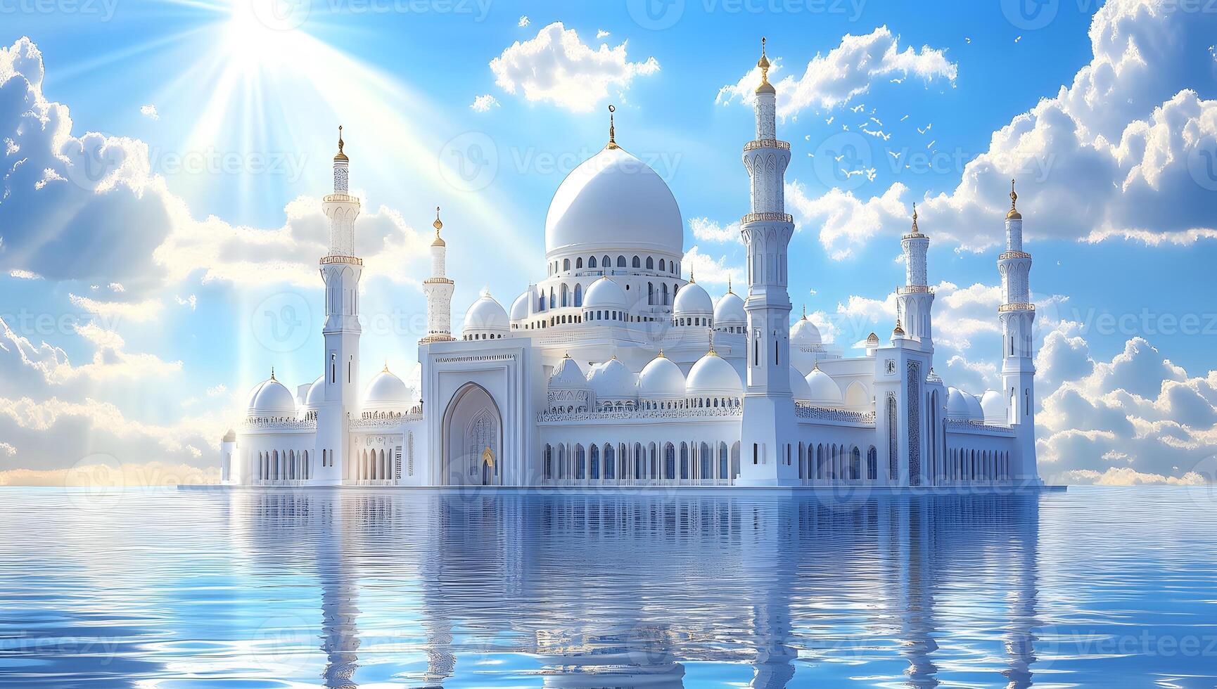 Majestic White Mosque Floating on Calm Water Under a Bright Sun photo