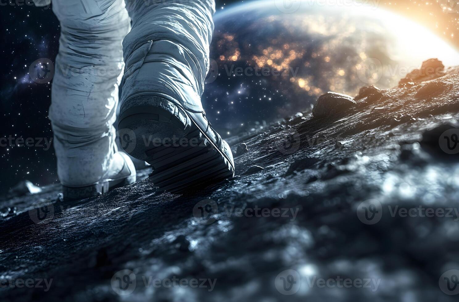 Astronaut walking on a lunar surface with Earth in the background photo