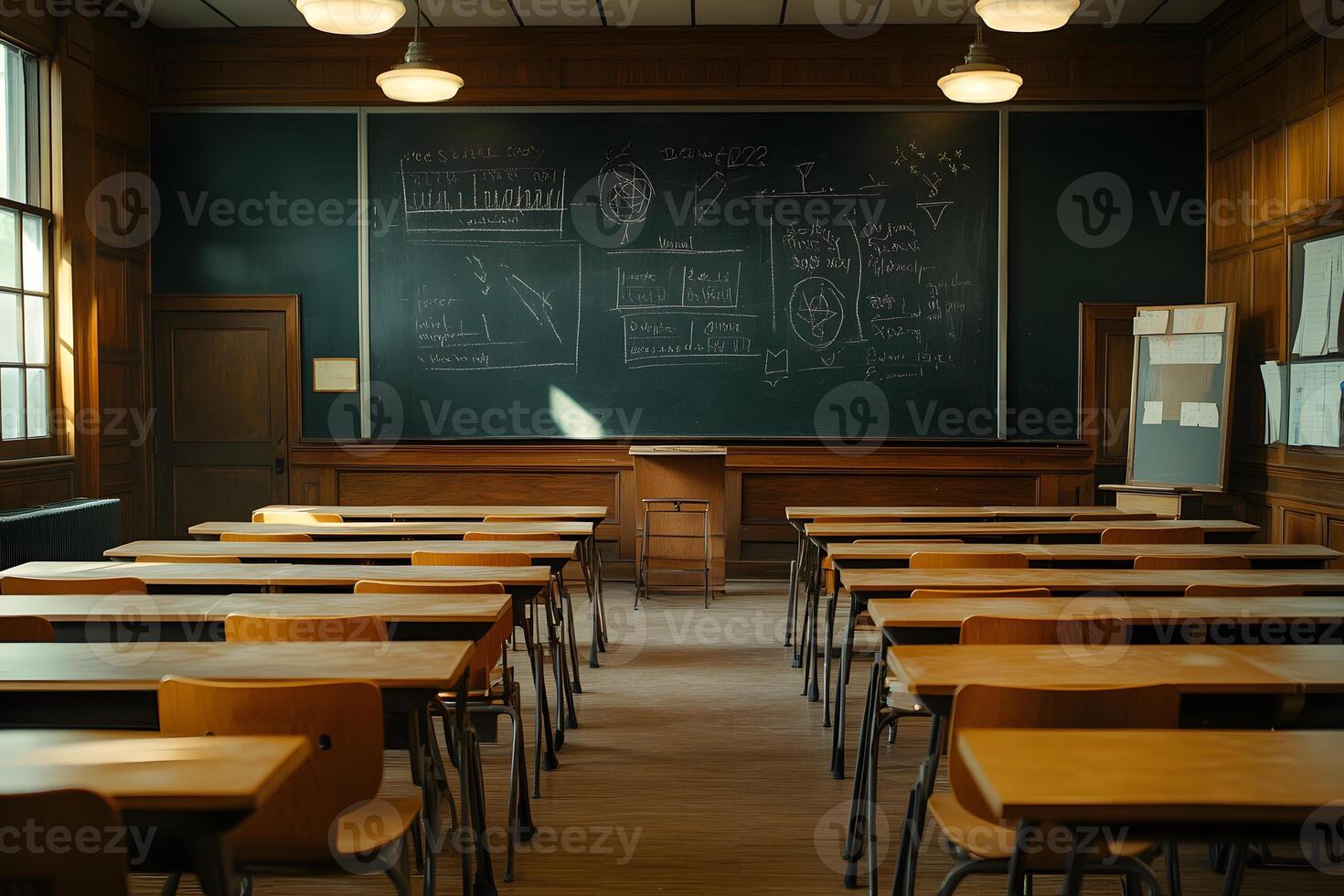 Empty Classroom With Chalkboard And Wooden Desks photo