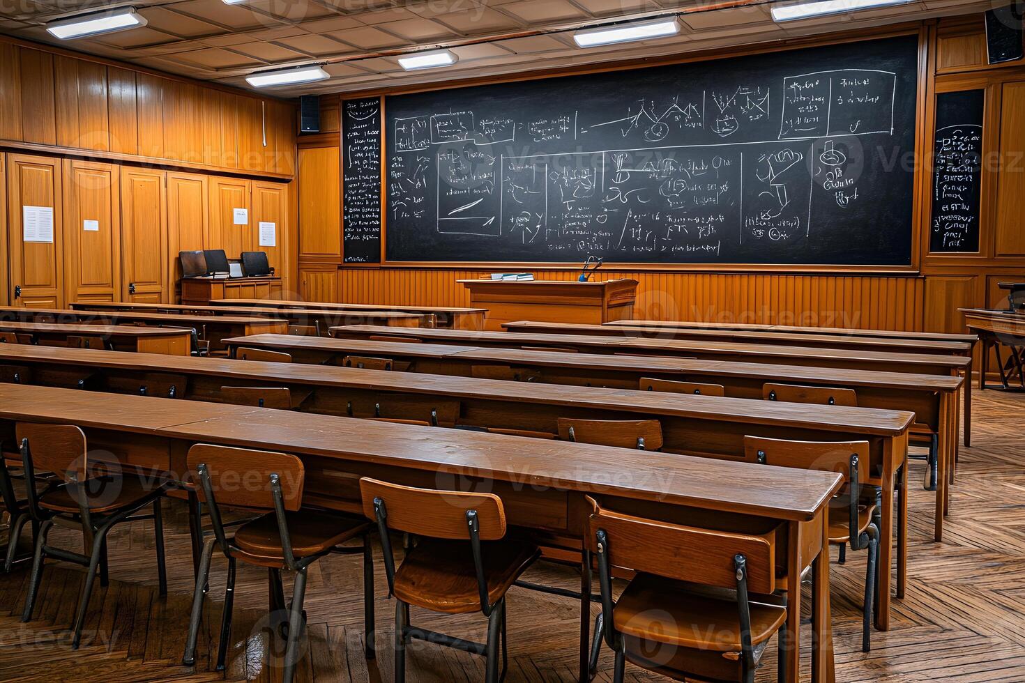 Empty Classroom With Chalkboard Filled With Equations photo