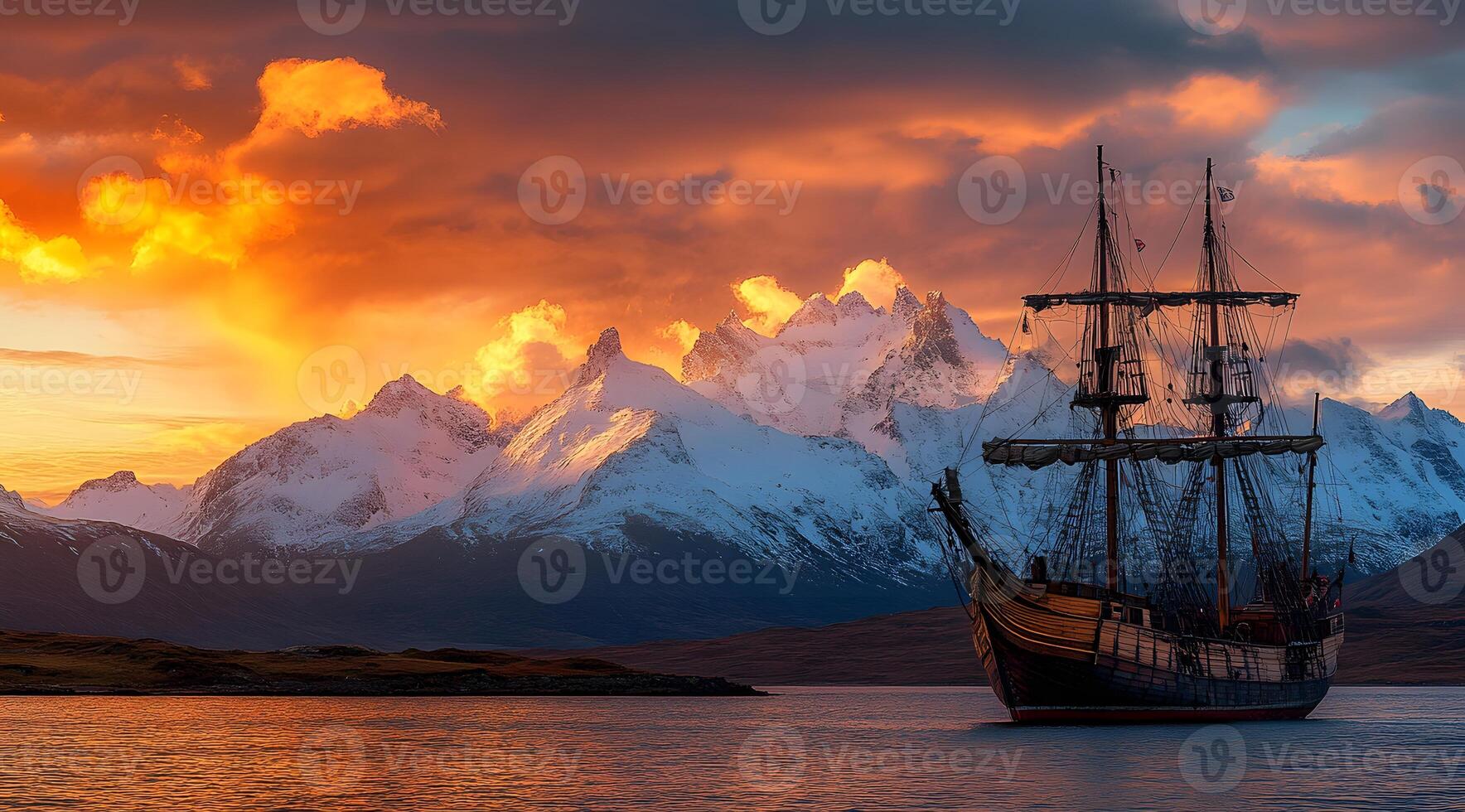 Majestic Tall Ship at Sunset with Snowy Mountains photo