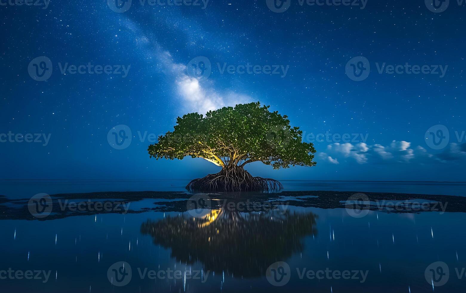 Solitary Mangrove Tree Under Starry Night Sky photo
