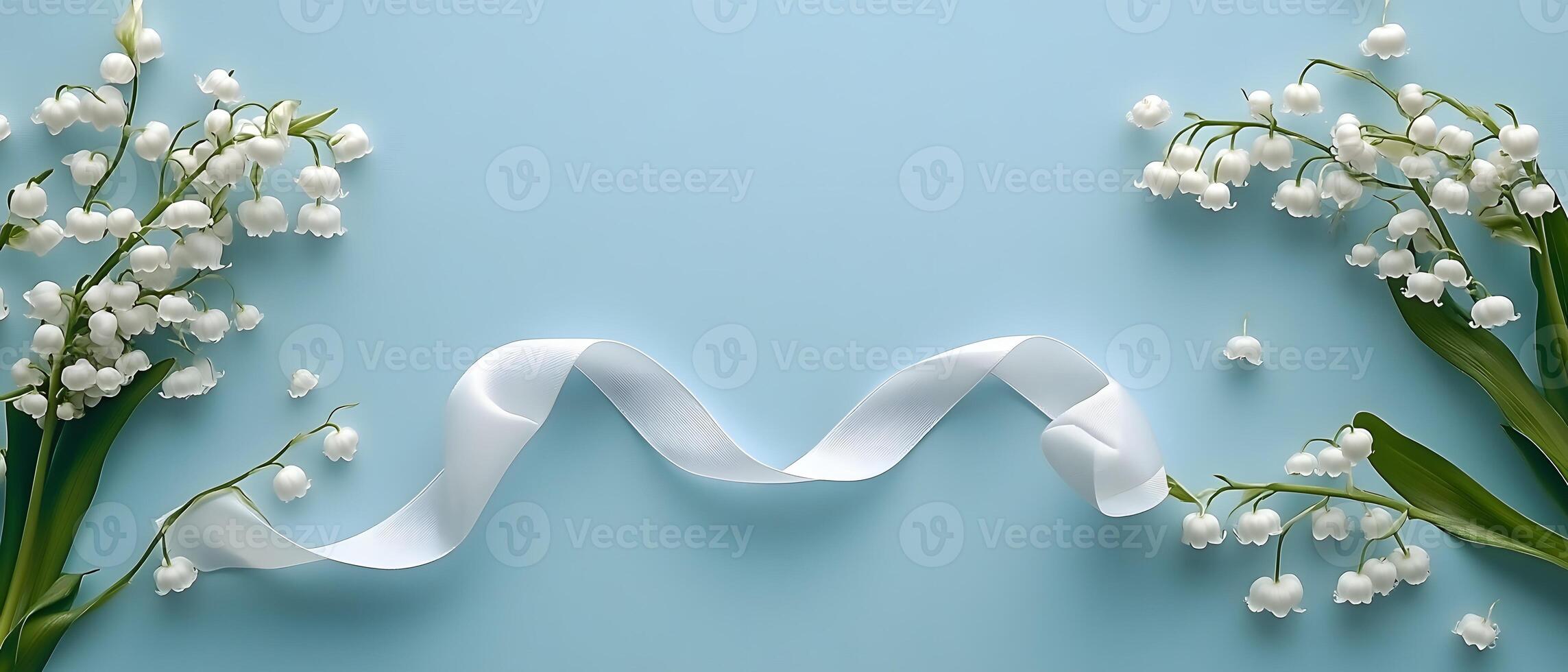 Lily of the valley flowers and white ribbon on blue background photo