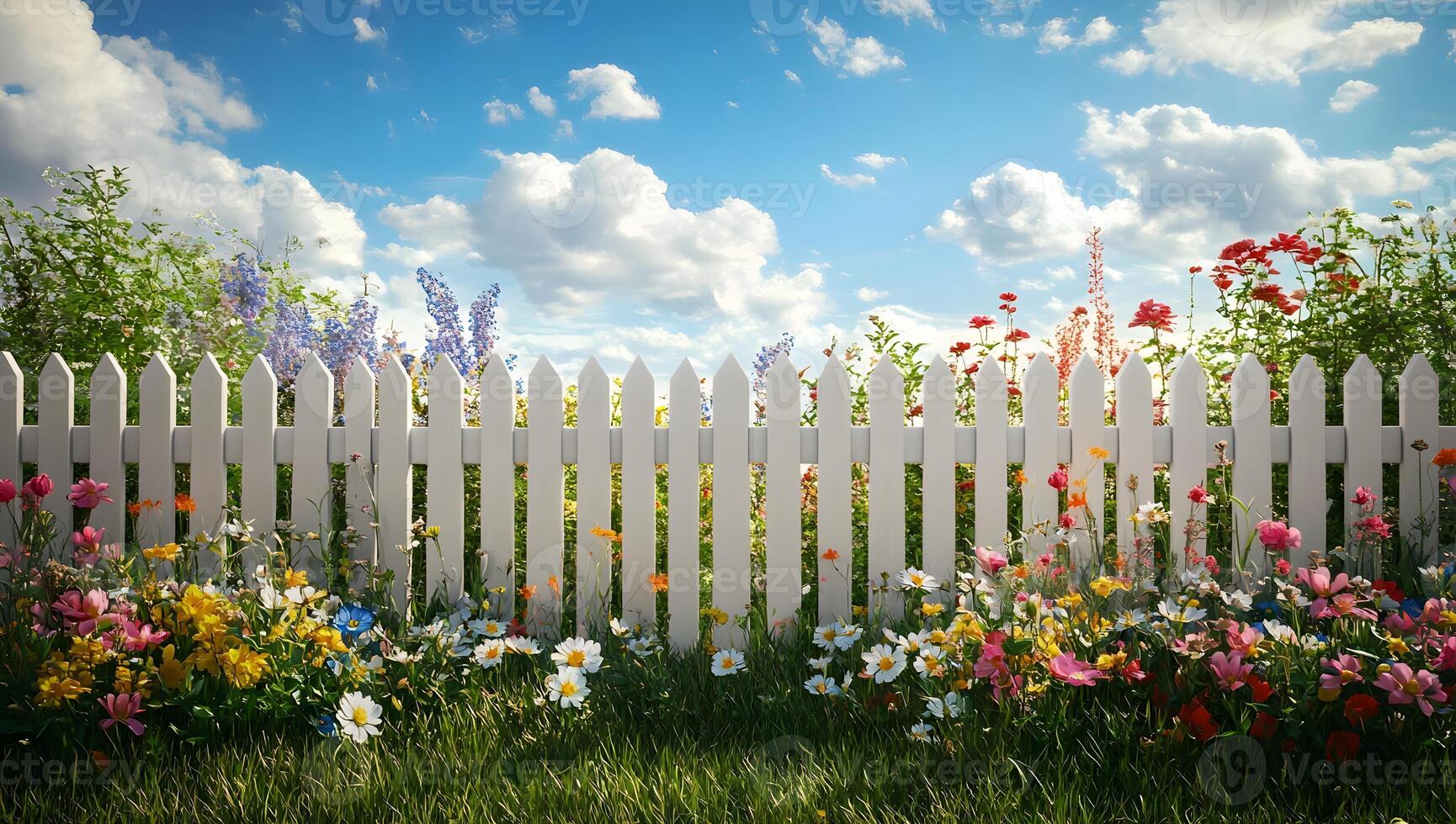 White picket fence and colorful flowers bloom brightly under a sunny sky photo