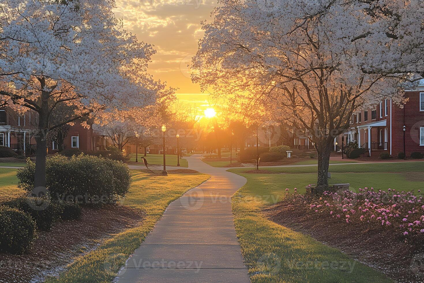 Sunrise Pathway Through Blossom Trees and College Buildings photo