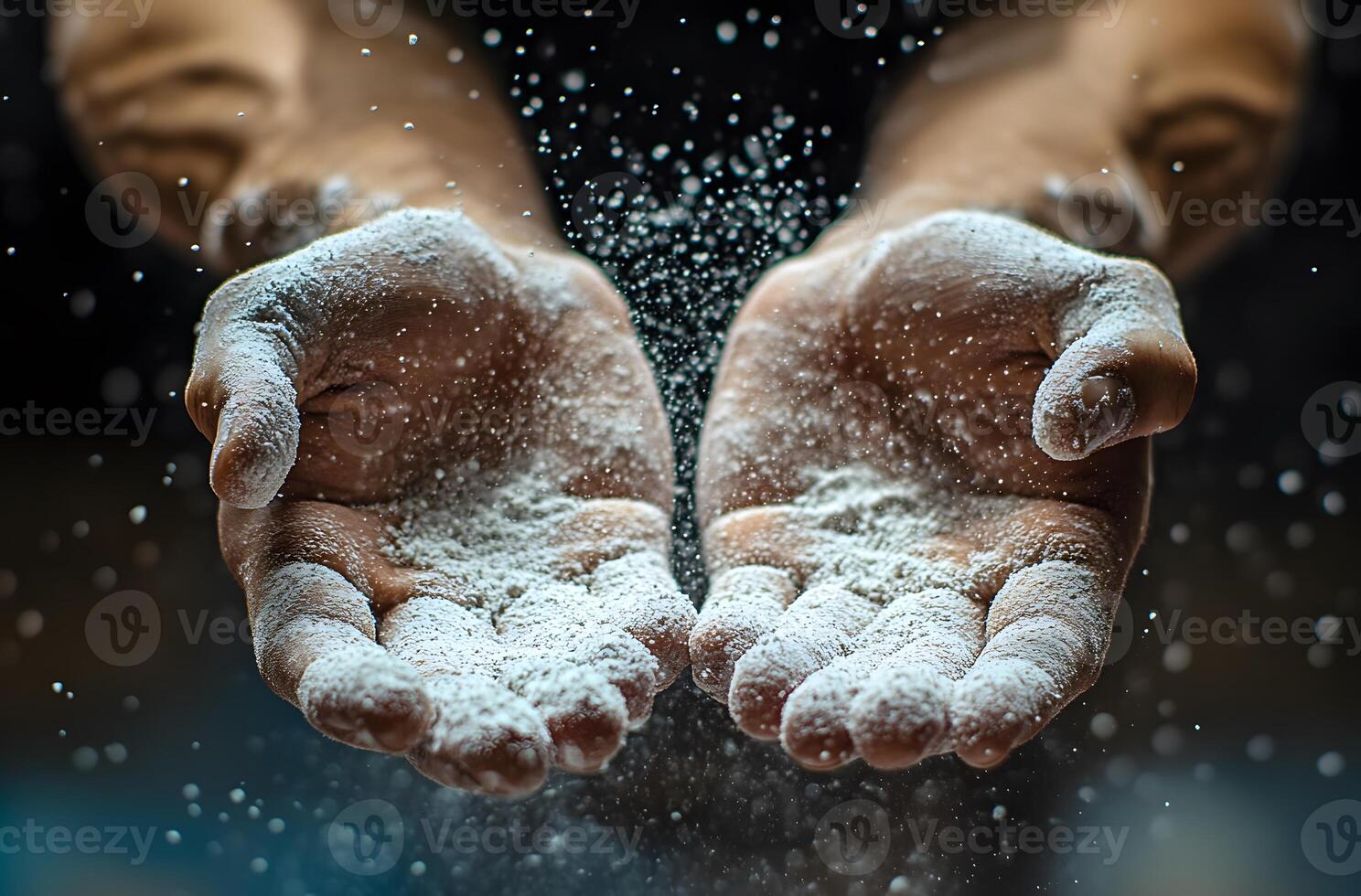 Hands Covered in White Powder Dusting Air photo