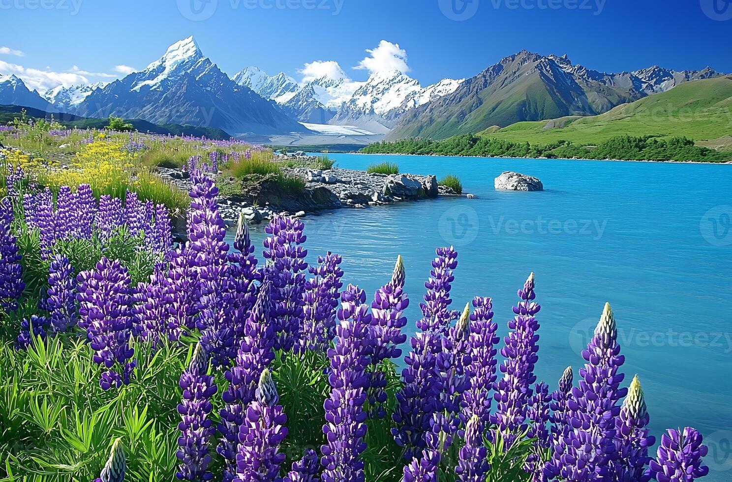 Lupines bloom near a serene lake and majestic snow capped mountains photo