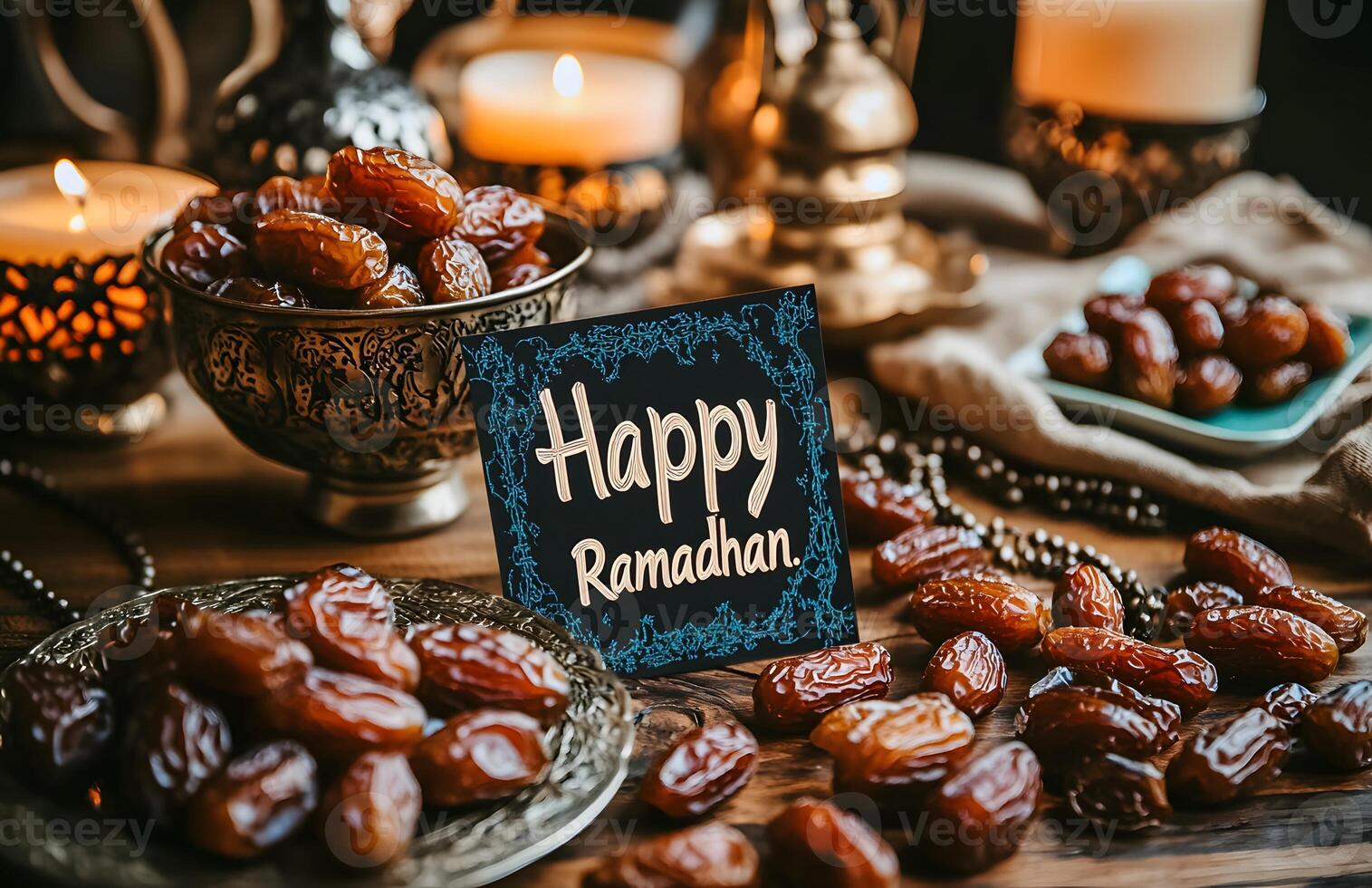 Happy Ramadan Dates Candles Festive Setting photo