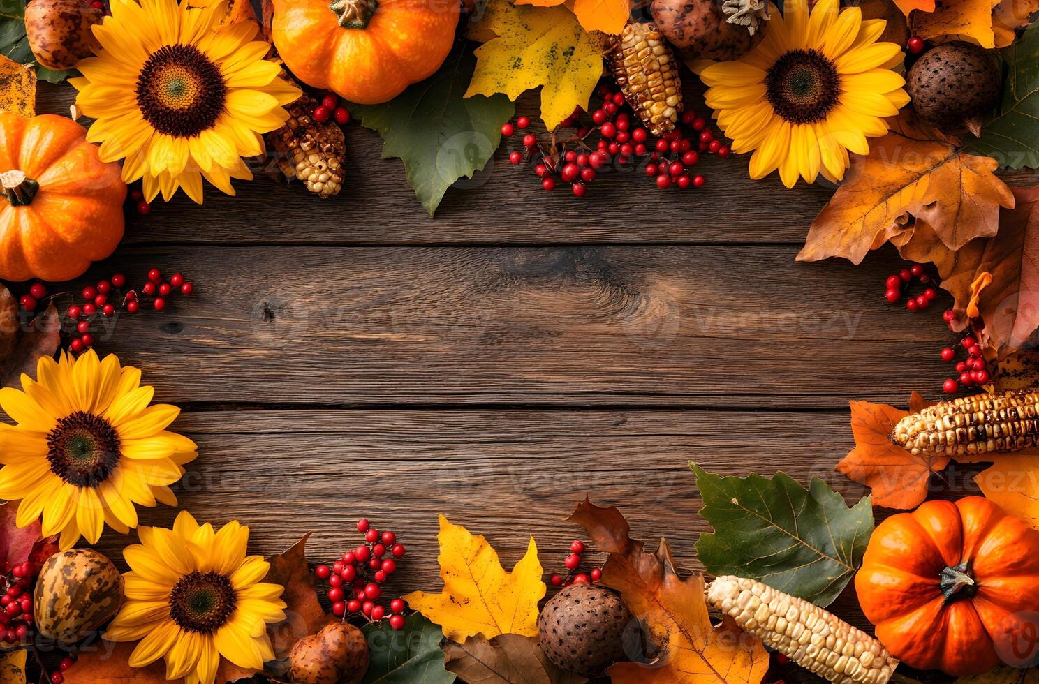 Autumn Harvest Frame With Sunflowers Pumpkins And Fall Leaves photo