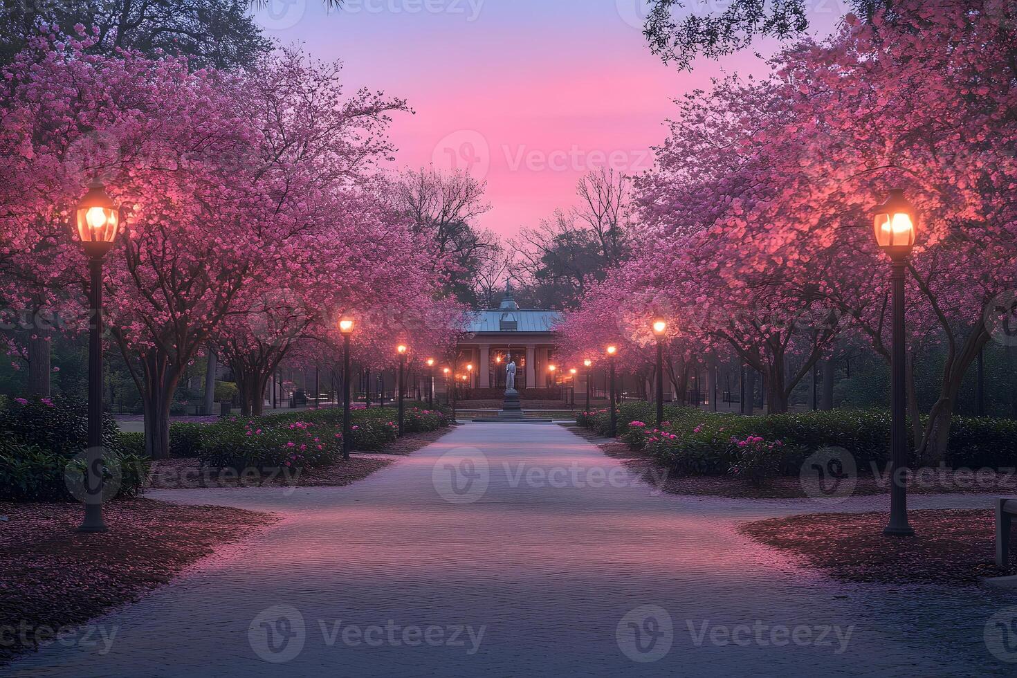 Pink Blossom Trees Line Path To Statue At Dawn photo
