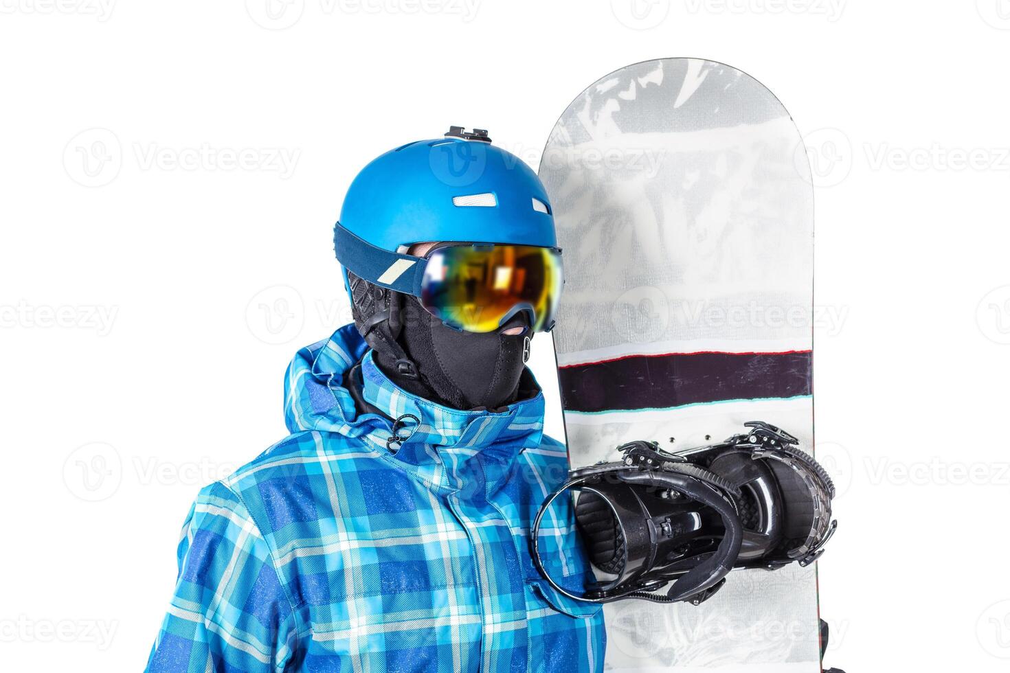 Portrait of young man in sportswear with snowboard isolated on a white background. photo
