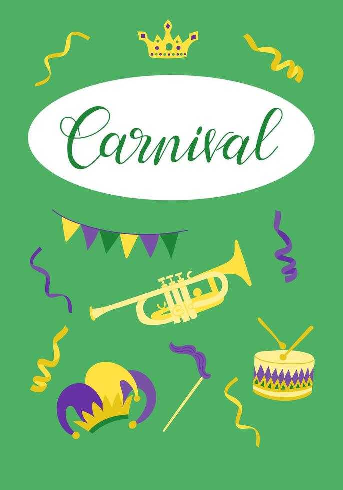 Colorful carnival banner with festive elements such as a crown, trumpet, drum, jester hat, decorative ribbons, and bunting, all on a green background with Carnival lettering vector