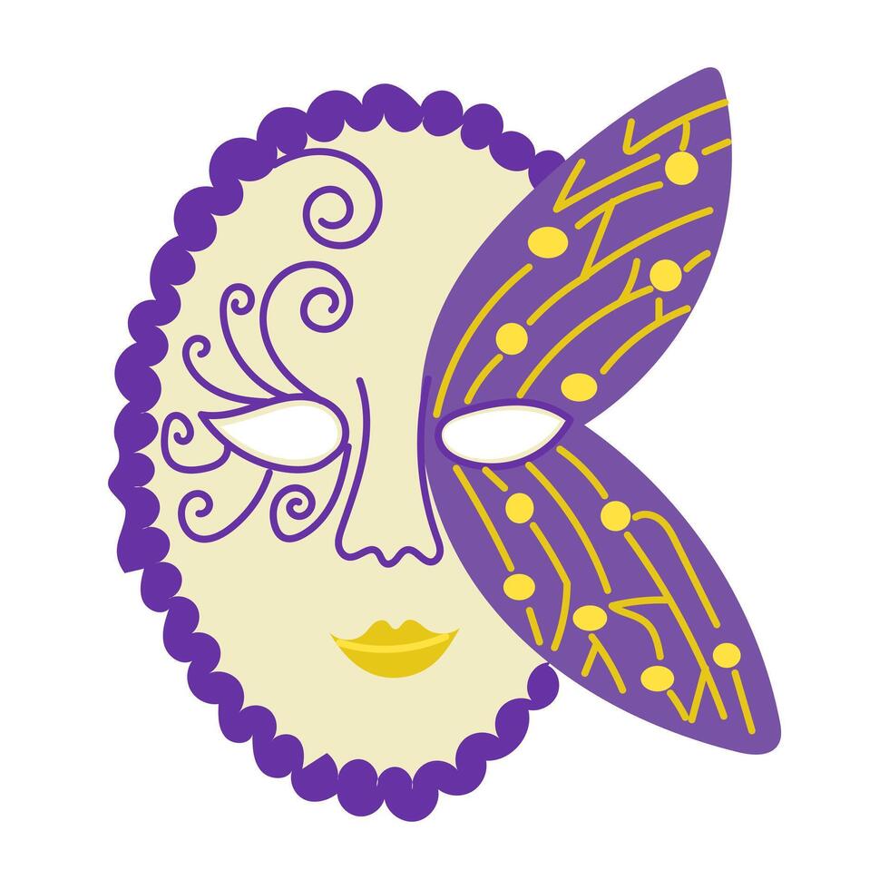 Elegant Venetian carnival mask with intricate purple and yellow patterns, a scalloped edge, and whimsical, ideal for masquerades and cultural celebrations vector