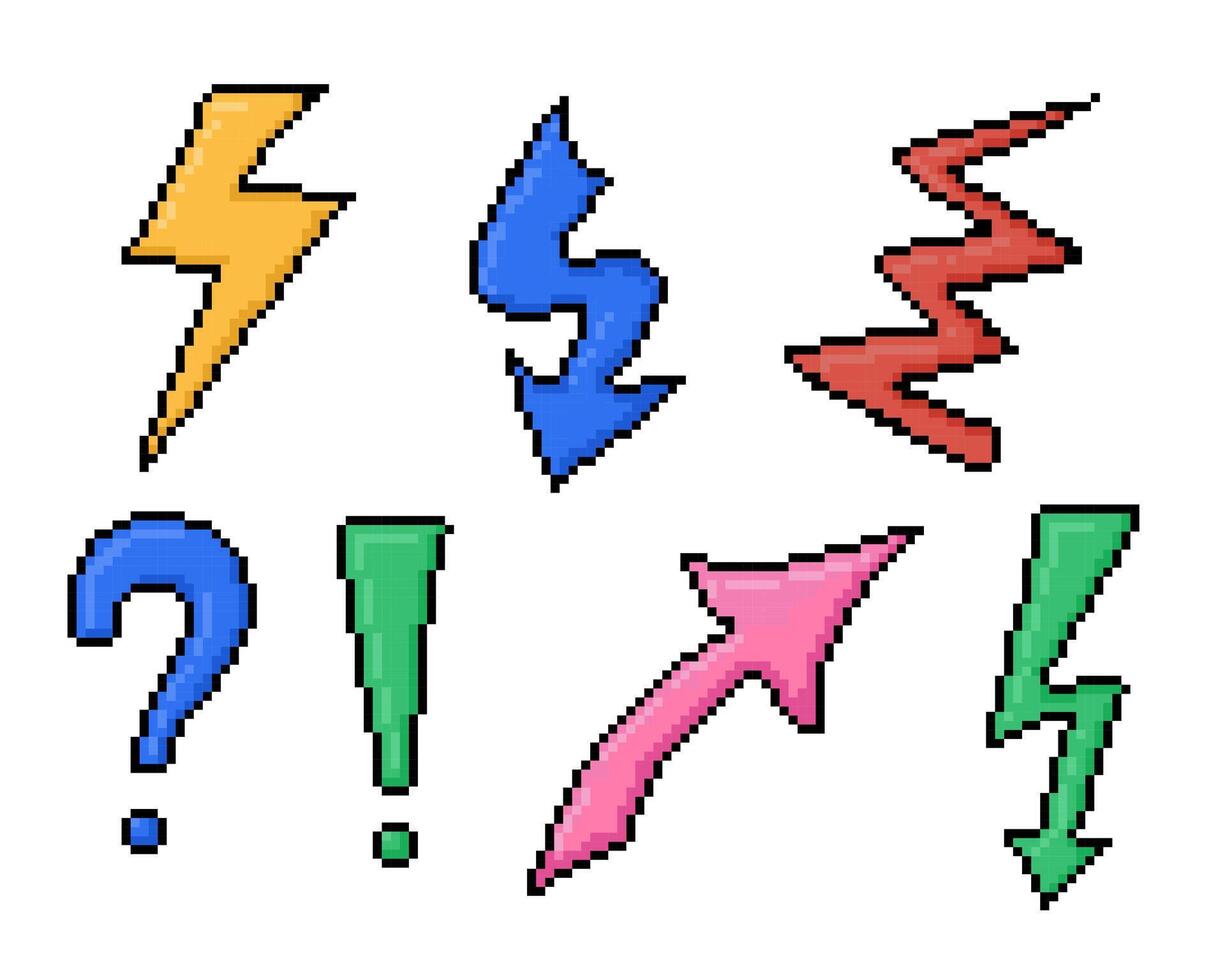 Colorful pixel art set with lightning bolts, arrows, question marks, and exclamation points, designed in a retro style with bold and vibrant colors vector