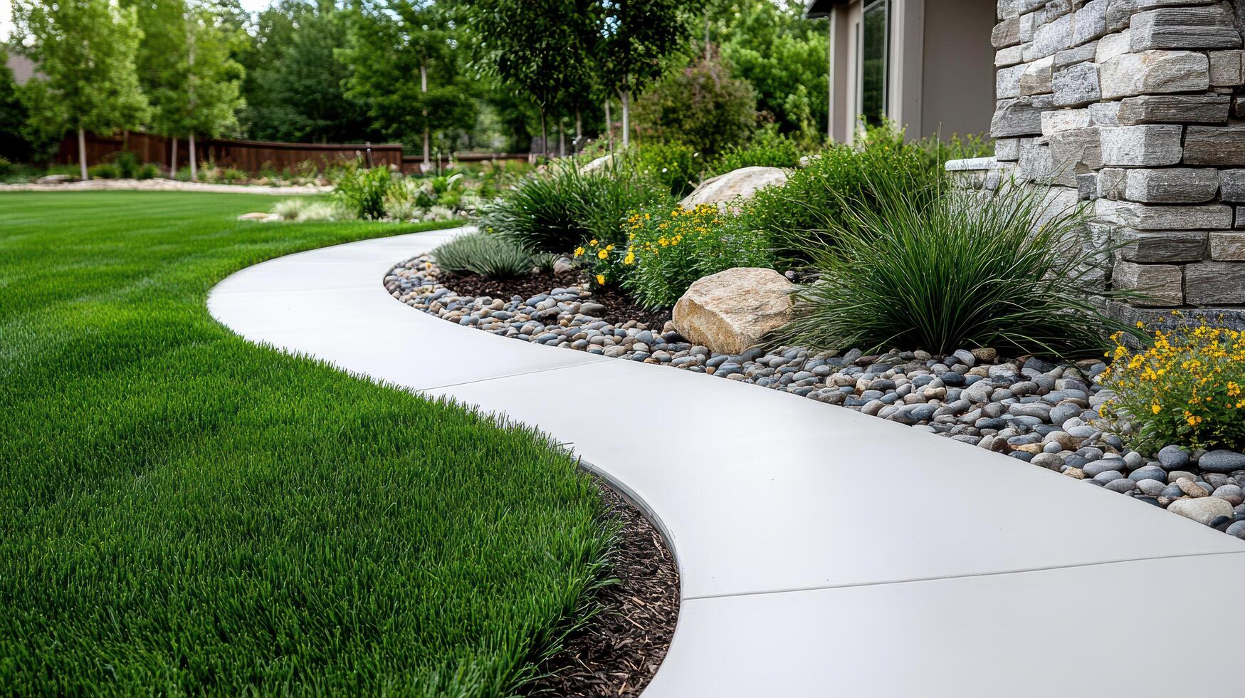 beautiful water efficient garden design with lush greenery and stones photo