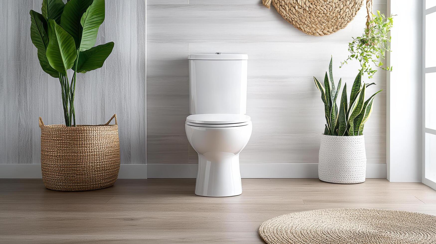 modern water efficient toilet in stylish bathroom setting with plants photo