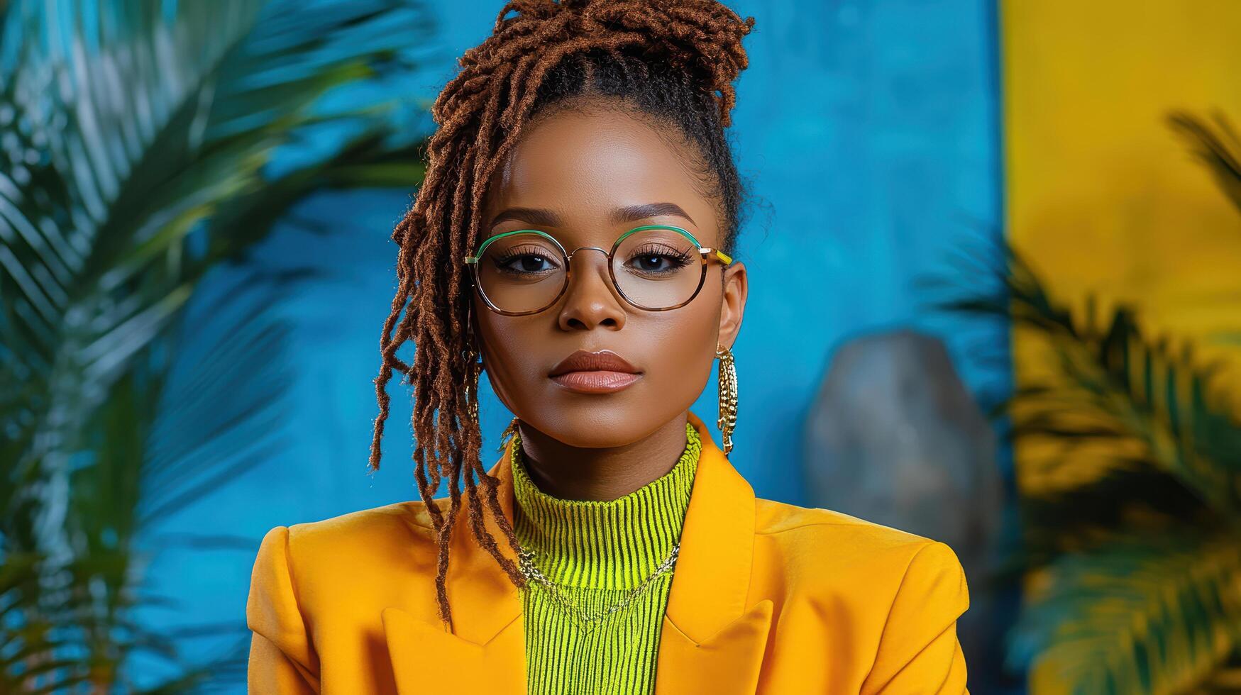 confident woman in vibrant yellow blazer and glasses poses against colorful background photo