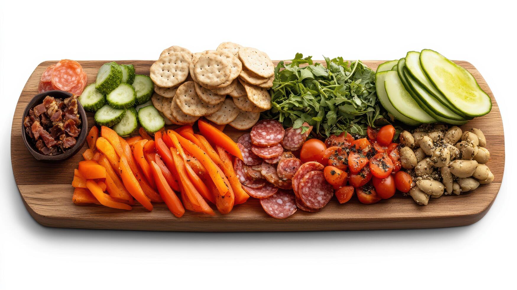 Colorful charcuterie board with fresh vegetables, meats, and crackers photo