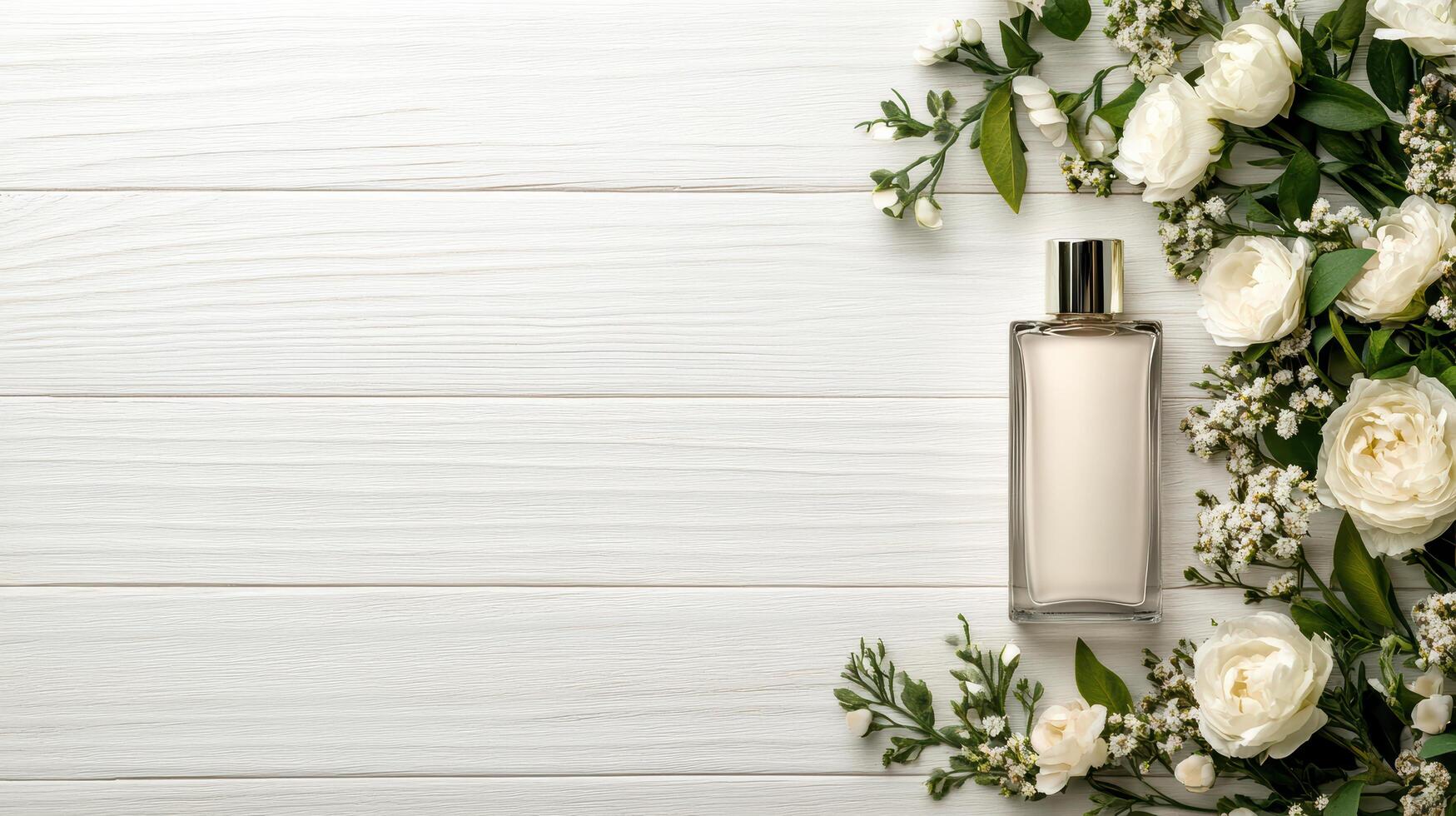 Luxurious glass cosmetic bottle surrounded by white flowers and greenery photo