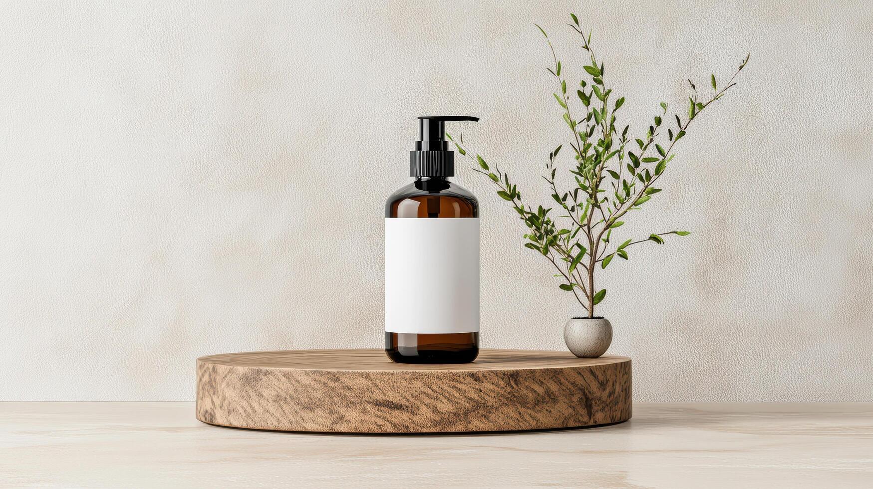 Minimalist cosmetic bottle mockup on wooden tray with plant photo