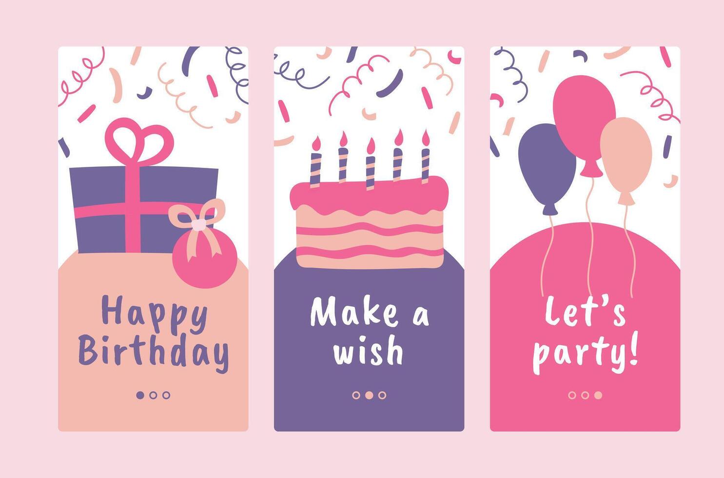 Set banner Happy Birthday. Collection congratulations on holiday. Gifts, cake with candles and balloons. Make a wish. Give present. Have fun, explosion of party confetti. Doodle illustration vector