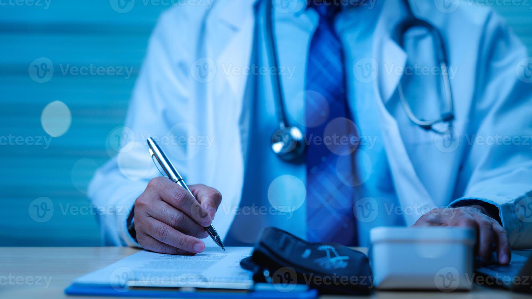 Focused Medical Practice, Doctor in white coat diligently writes notes with pen while surrounded by medical instruments, highlighting importance of accuracy in patient care and documentation photo