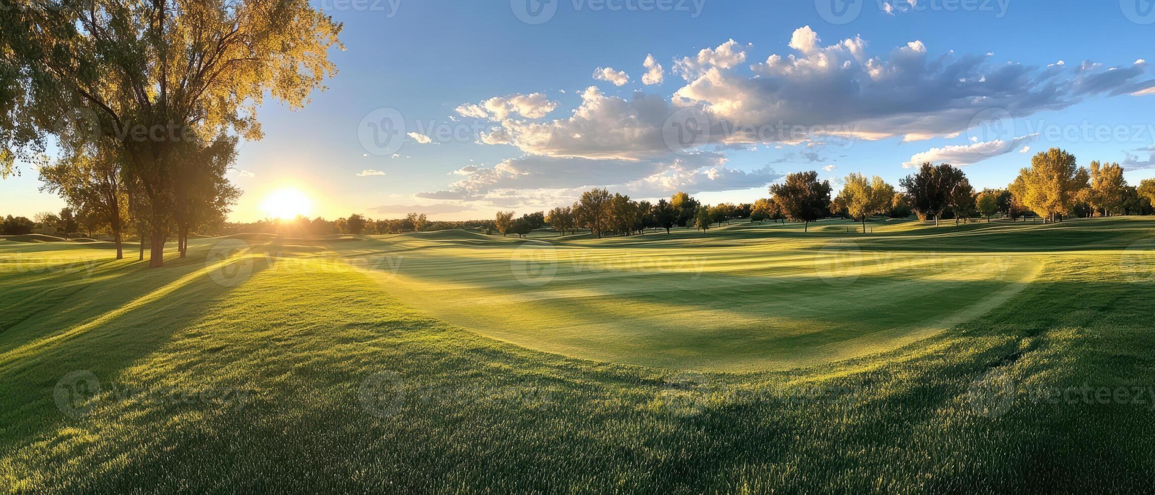 A golf course with a large green field and trees in the background. The sun is setting, casting a warm glow over the landscape photo