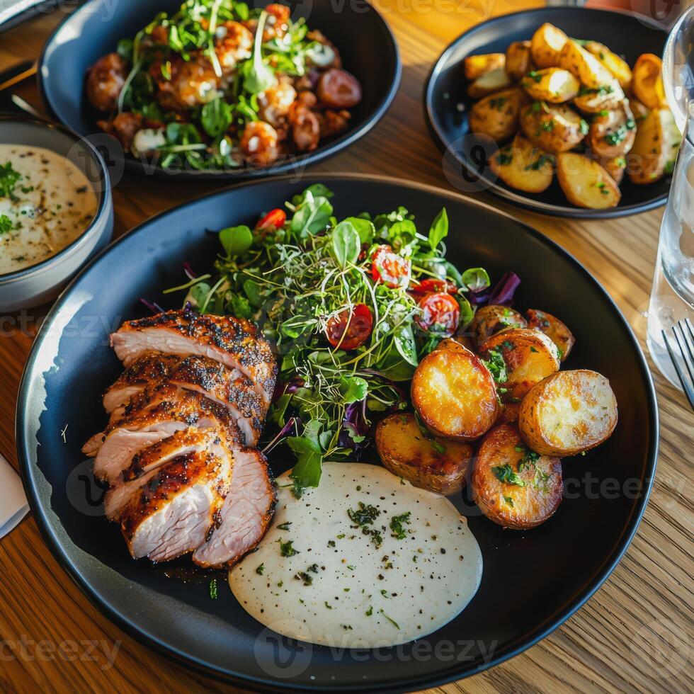 Savory Dinner Platter with Grilled Chicken and Fresh Salad, Delicious spread featuring grilled chicken, fresh salad, roasted potatoes, and creamy sauce, perfect for any meal photo
