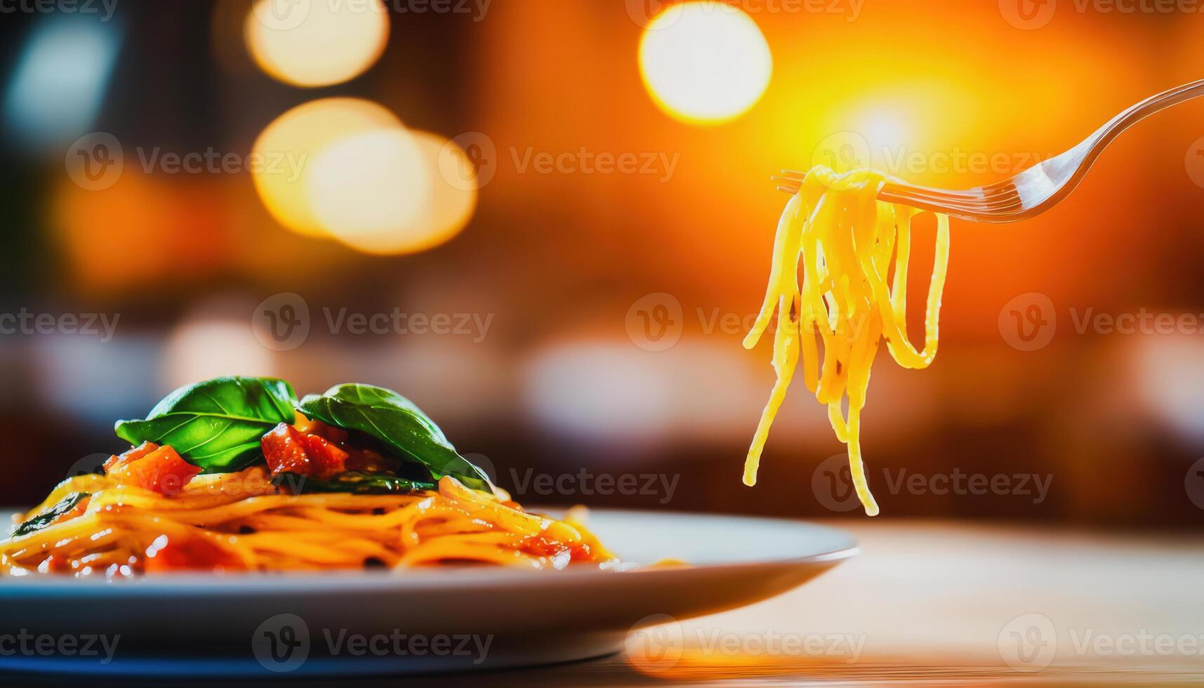 Delightful Spaghetti with Basil, Mouthwatering plate of spaghetti adorned with fresh basil, captured against warm, inviting background photo