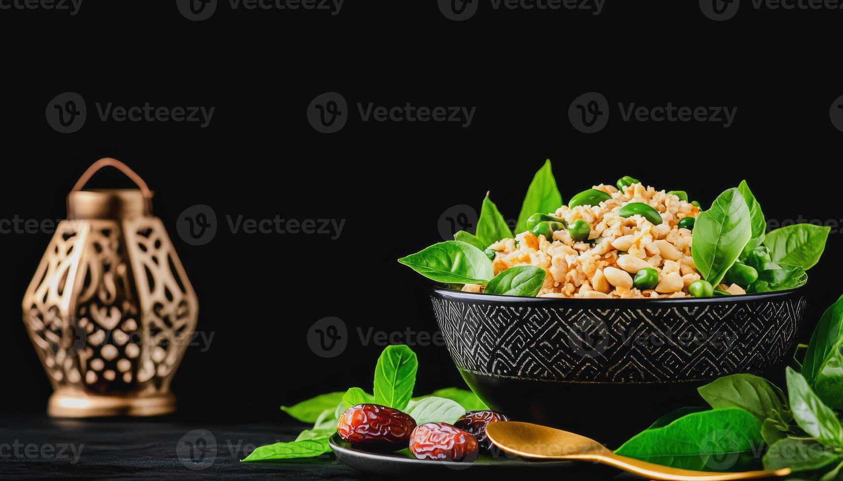 Aromatic Grain Bowl with Fresh Greens and Dates, Beautiful grain bowl filled with greens, topped with dates and surrounded by vibrant green leaves, perfect for any occasion photo