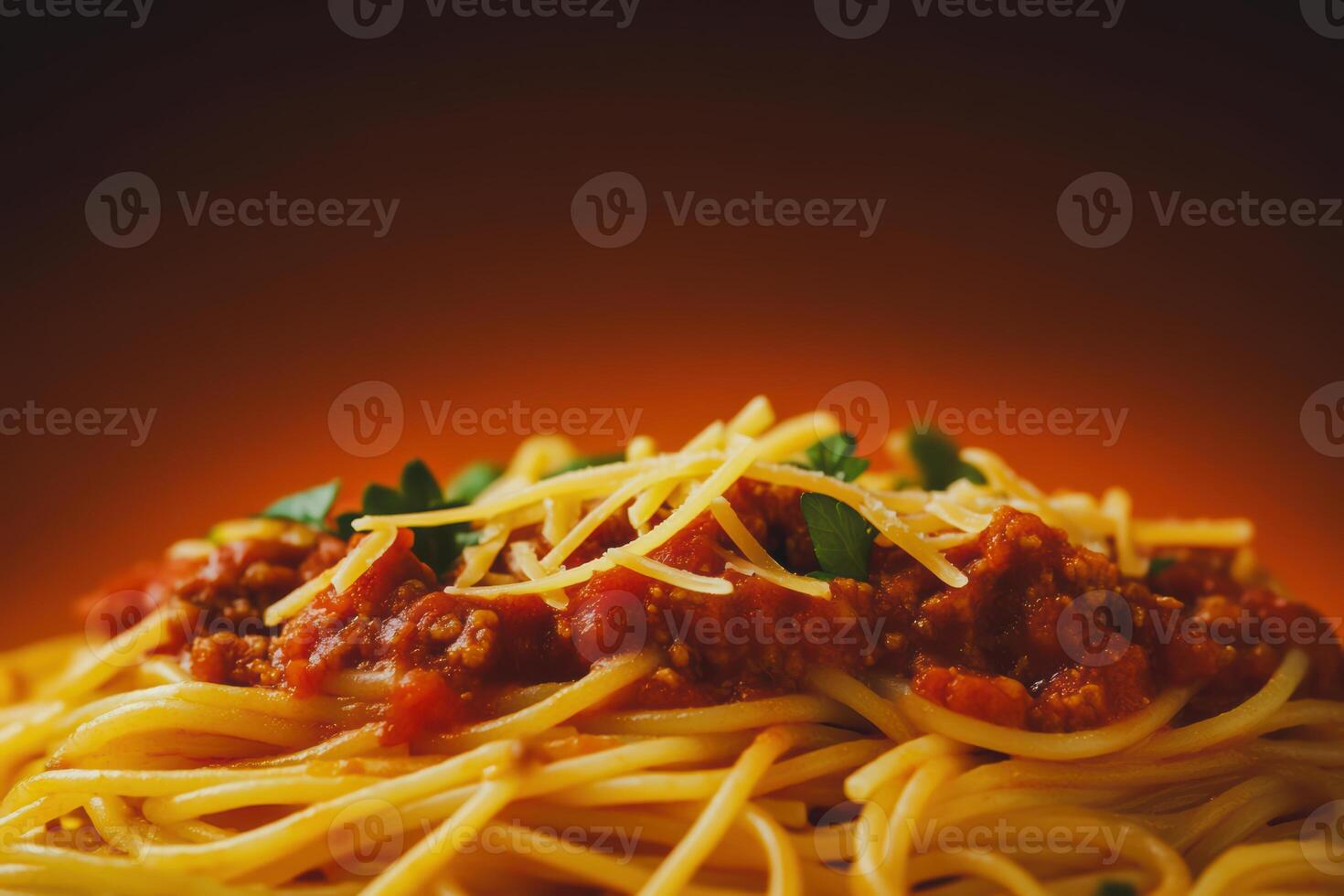 Classic Spaghetti with Meat Sauce, Delicious plate of spaghetti topped with savory meat sauce, garnished with fresh herbs and shredded cheese photo