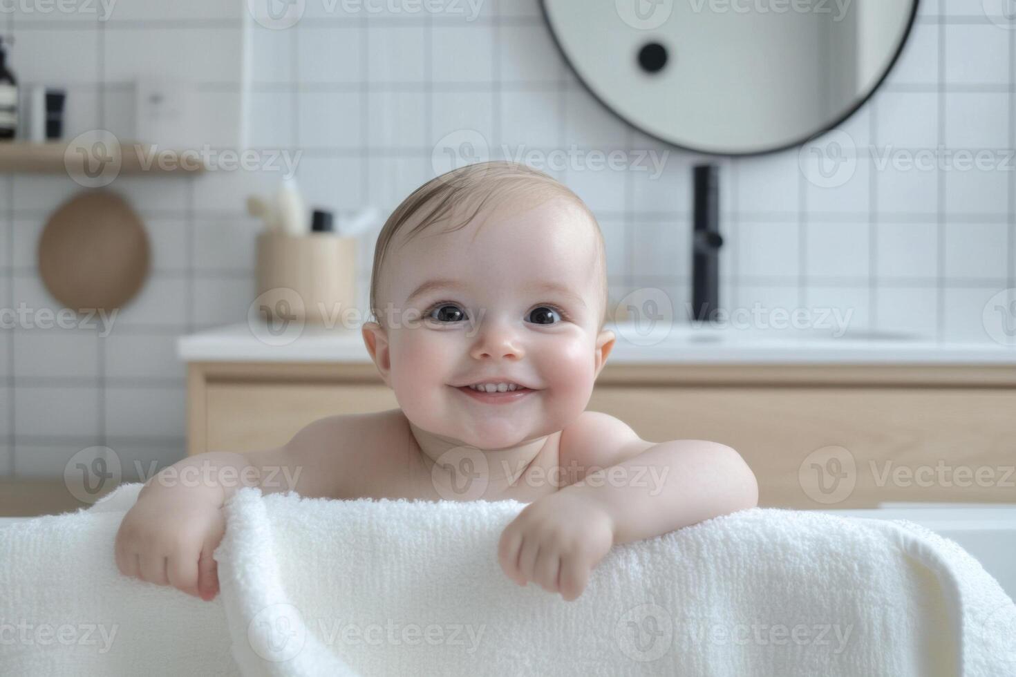 Smiling baby peeking over towel in a bright bathroom setting during the day photo
