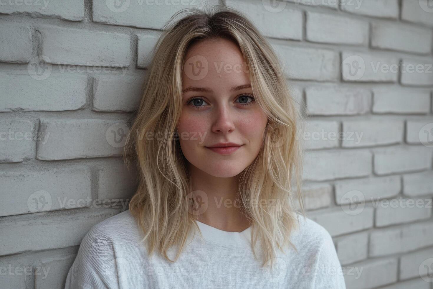 Young woman with wavy blond hair poses against a textured white brick wall in a well-lit indoor setting photo
