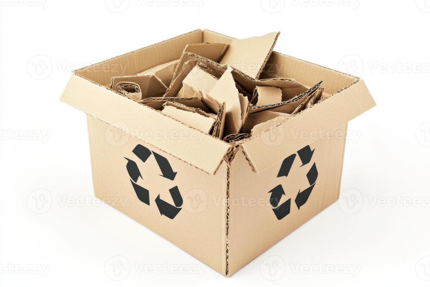 Recyclable cardboard box filled with used packing materials ready for disposal at a recycling center photo