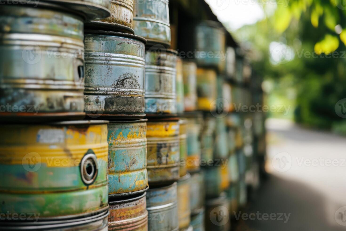 Colorful metal barrels lined up along a rustic path in an outdoor setting during daylight hours photo