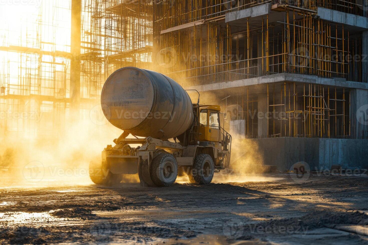 Construction site with a concrete mixer working during sunset, creating a dust cloud in the air photo