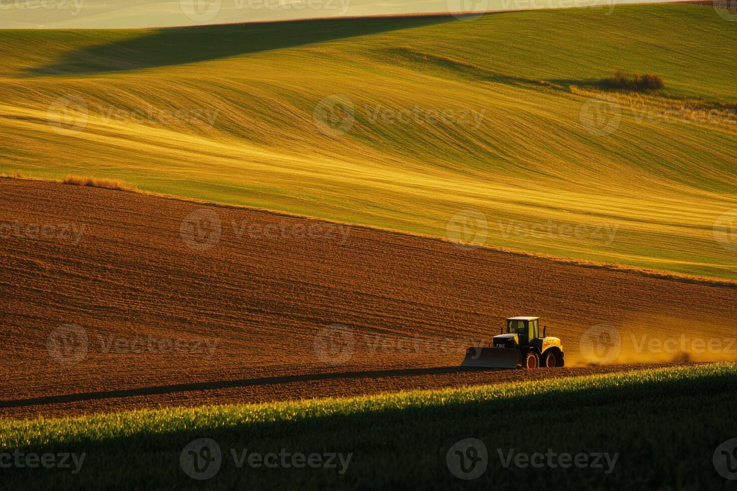 Tractor working in the fields at sunset, showcasing agricultural activity in a rural landscape photo