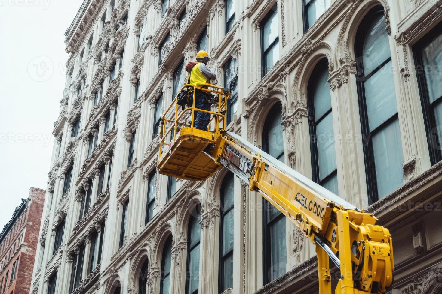Construction worker performs maintenance on historical building facade using lift at urban site during cloudy day photo